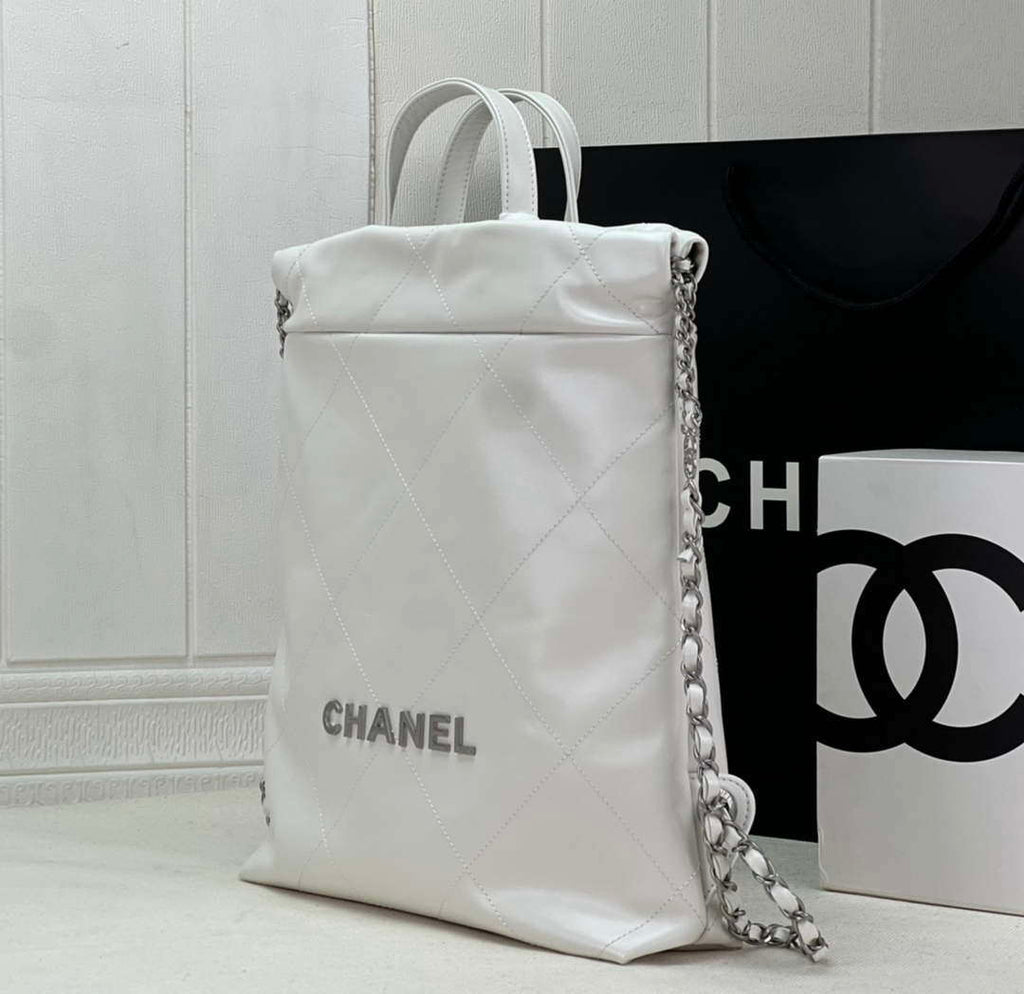 Chanel 22 Backpack AS3859 Shiny White Calfskin With Silver