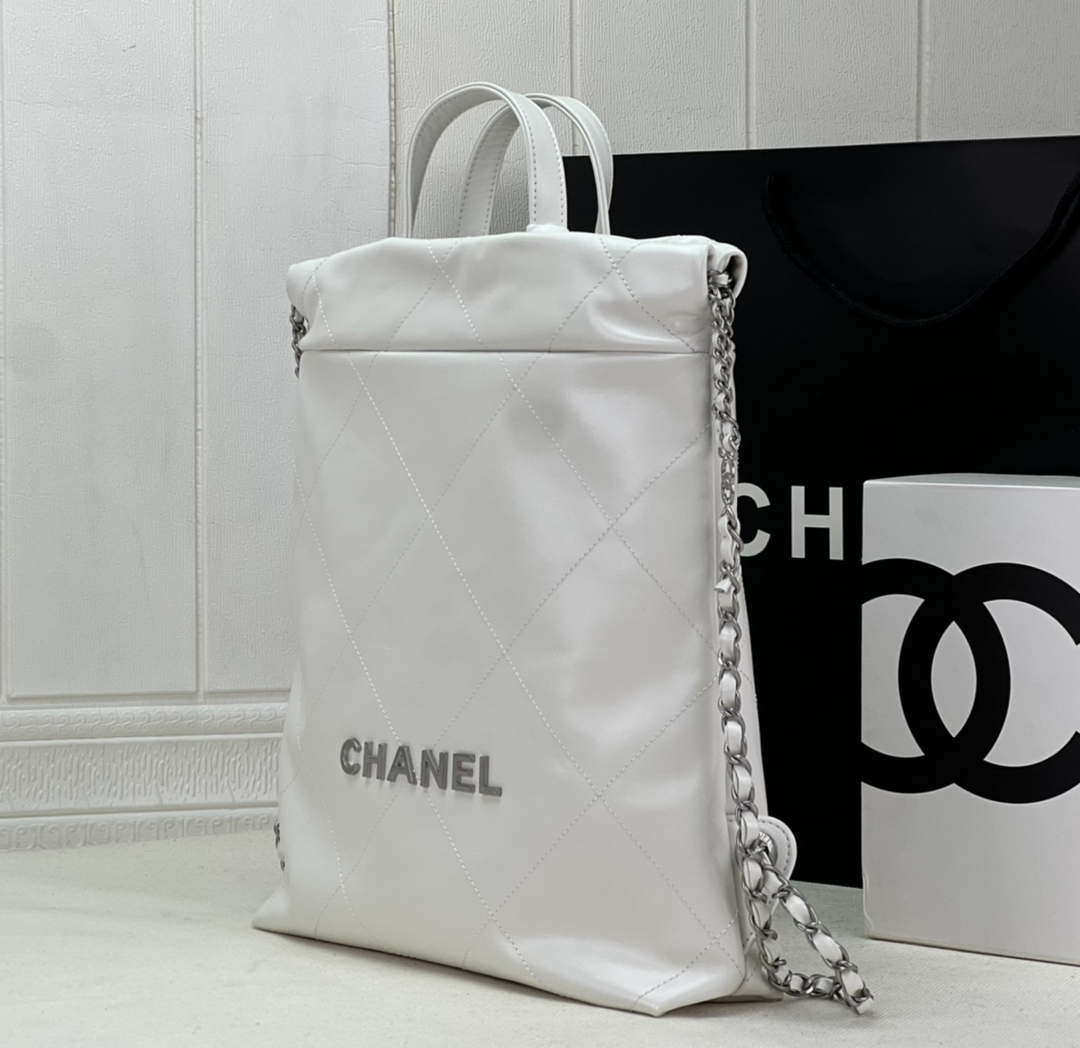 Chanel 22 Backpack AS3859 Shiny White Calfskin With Silver - Default Title - View 2