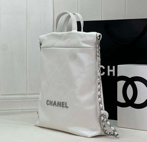 Chanel 22 Backpack AS3859 Shiny White Calfskin With Silver - Default Title - View 2