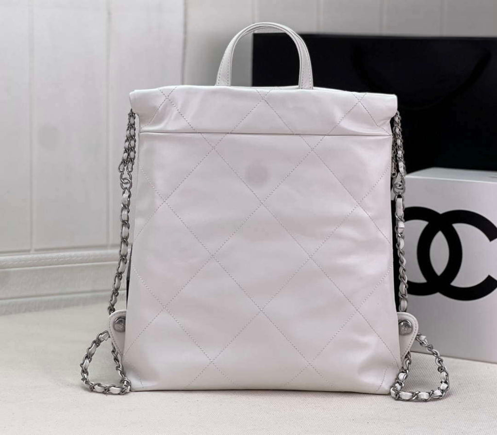 Chanel 22 Backpack AS3859 Shiny White Calfskin With Silver