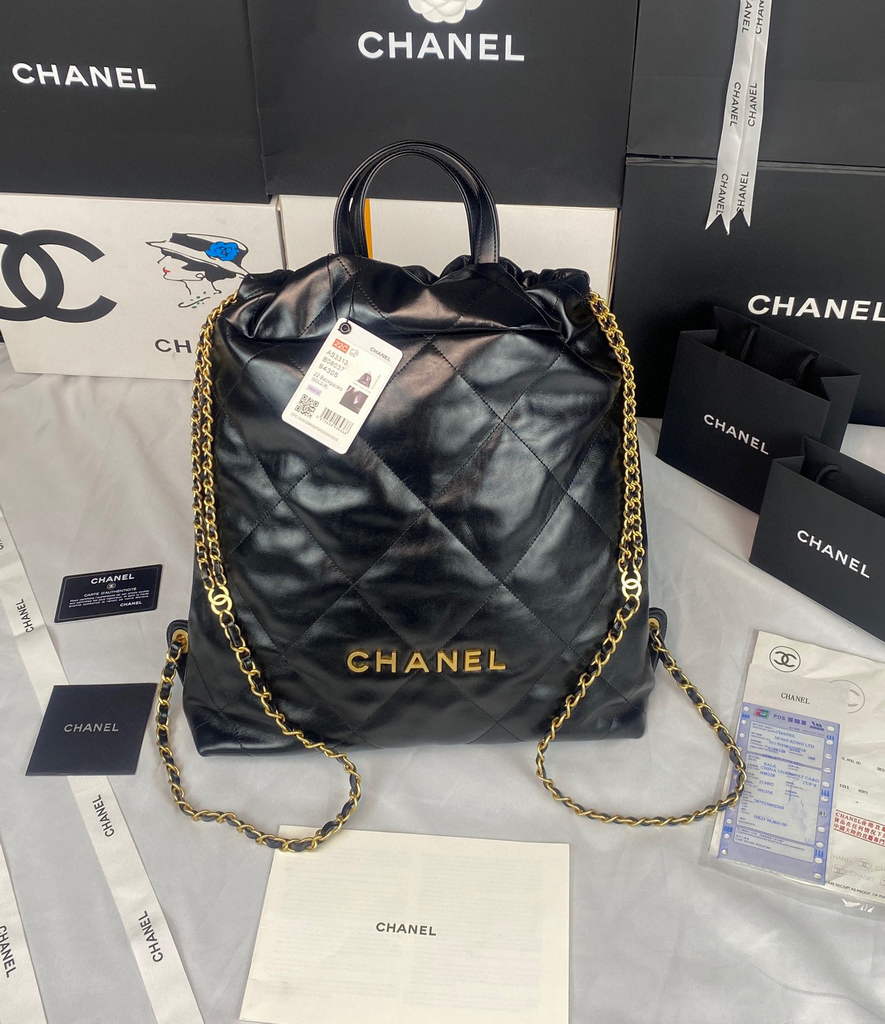 Chanel 22 Backpack Shiny Calfskin AS3313 Black Gold - Default Title - View 1