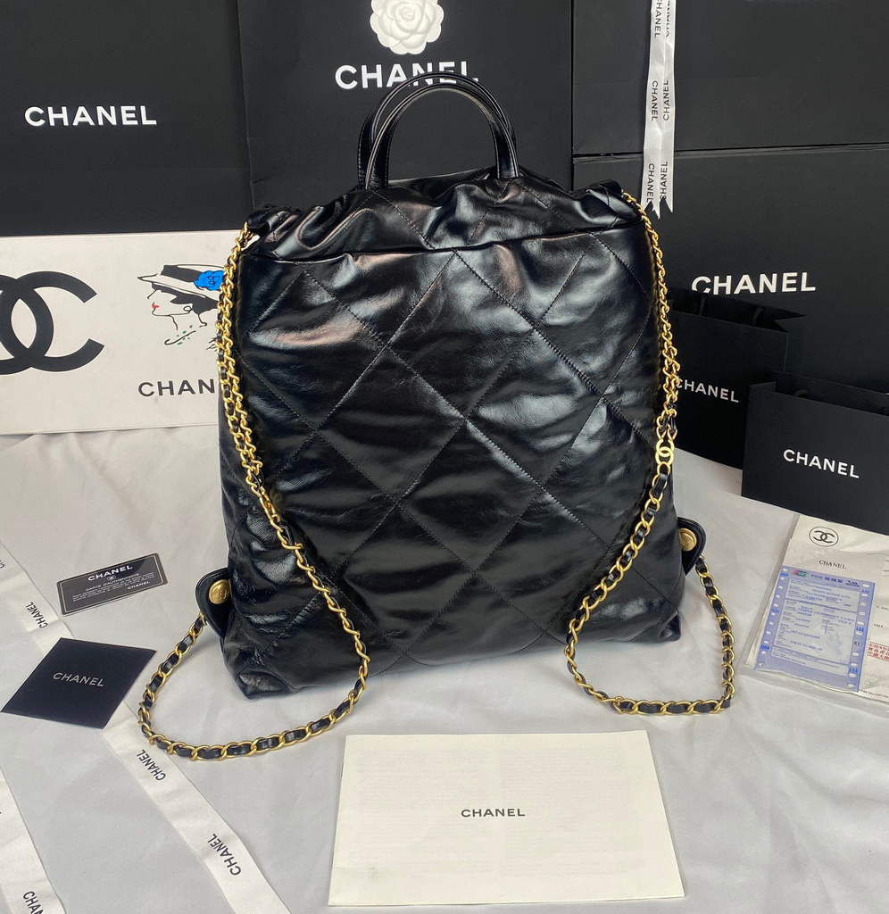 Chanel 22 Backpack Shiny Calfskin AS3313 Black Gold