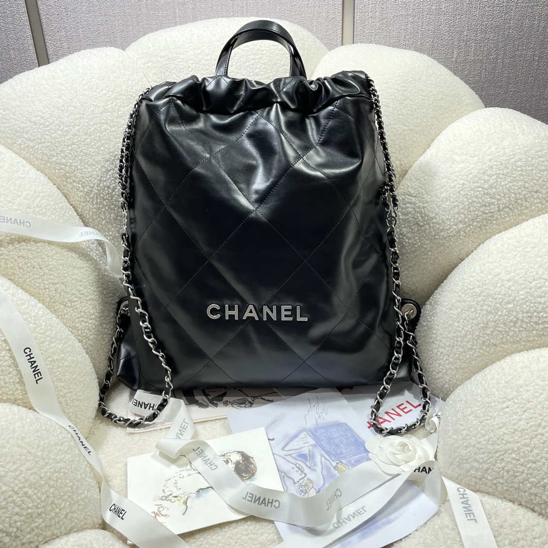 Chanel 22 Backpack Shiny Calfskin AS3313 Black With Sliver Logo - Default Title - View 1