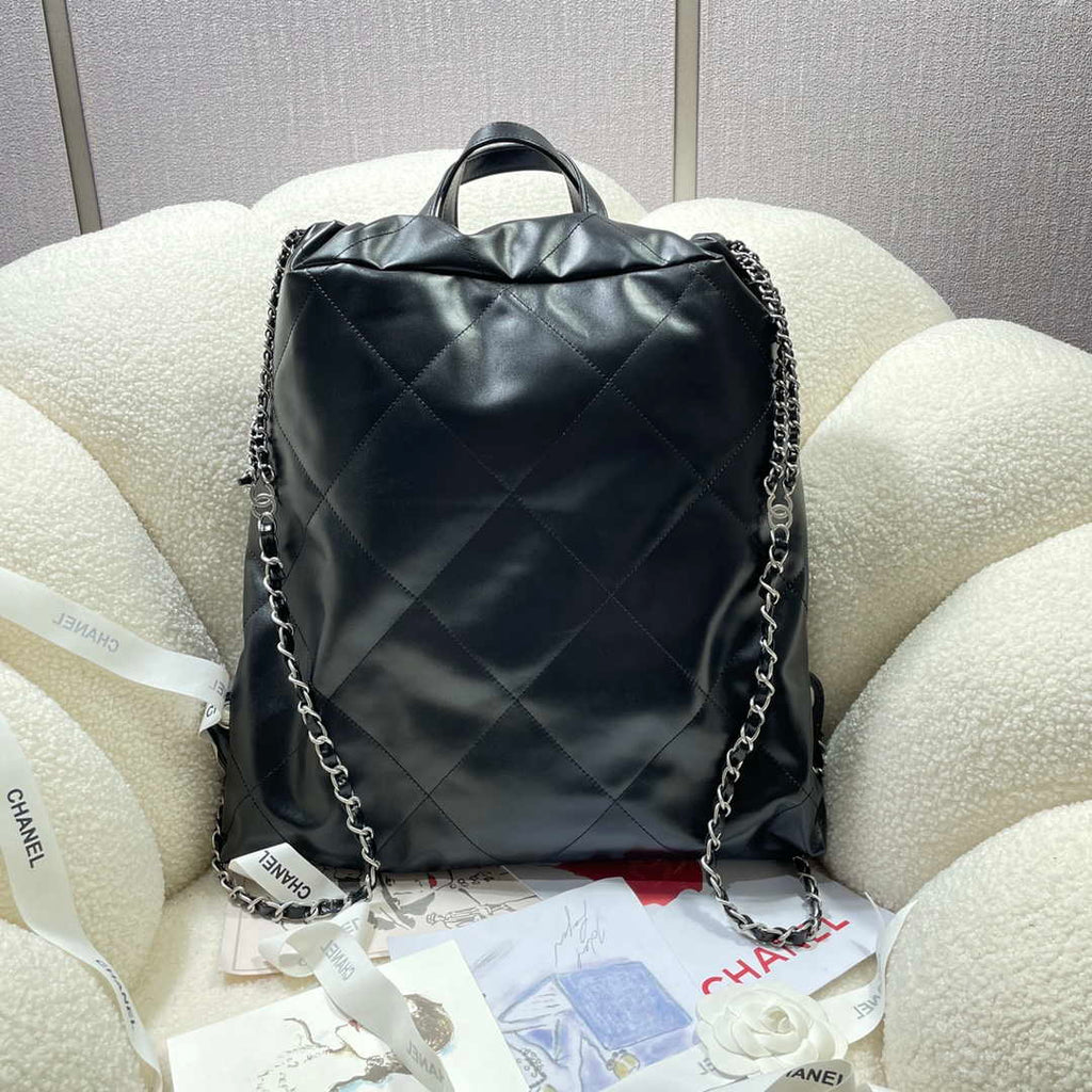 Chanel 22 Backpack Shiny Calfskin AS3313 Black With Sliver Logo