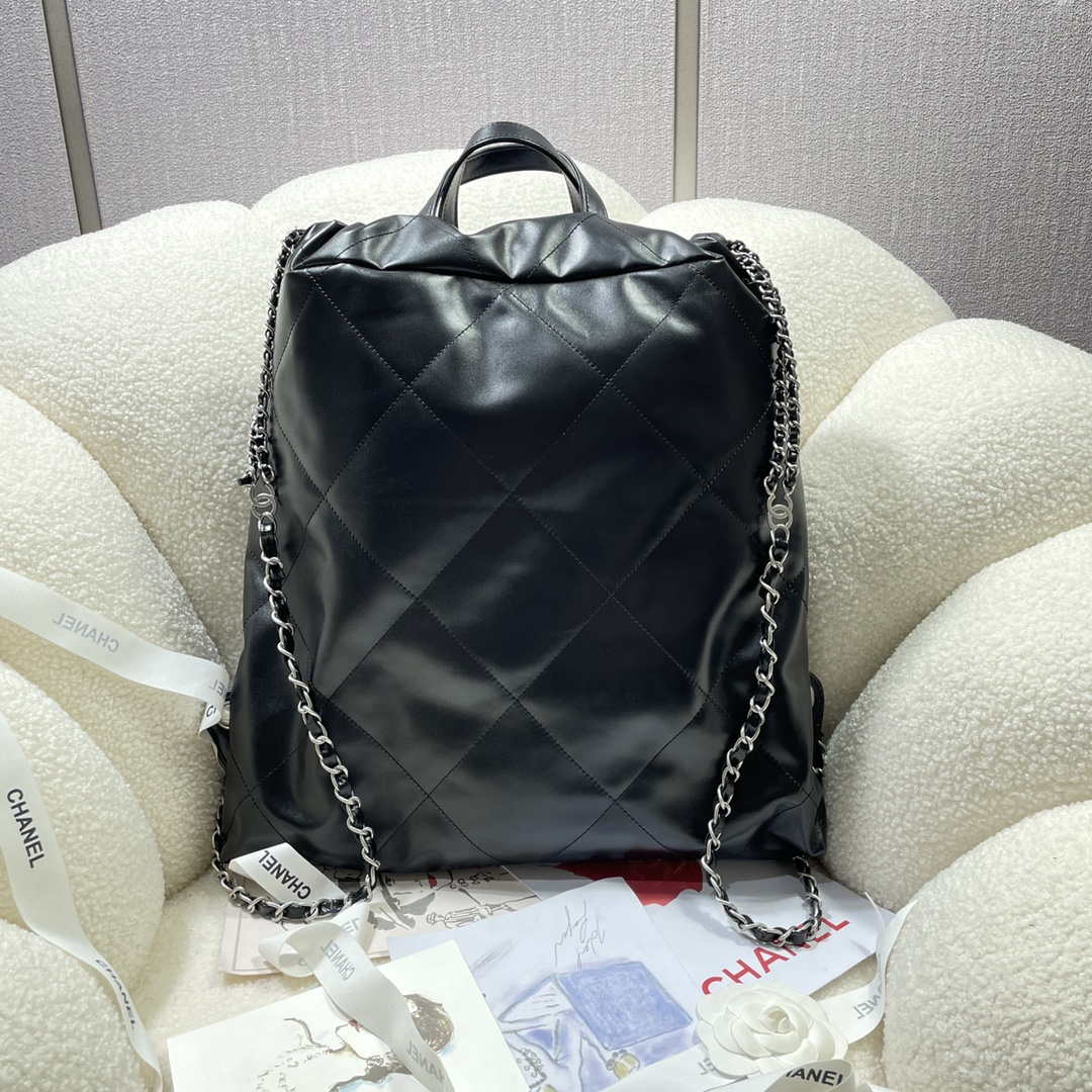 Chanel 22 Backpack Shiny Calfskin AS3313 Black With Sliver Logo - Default Title - View 2