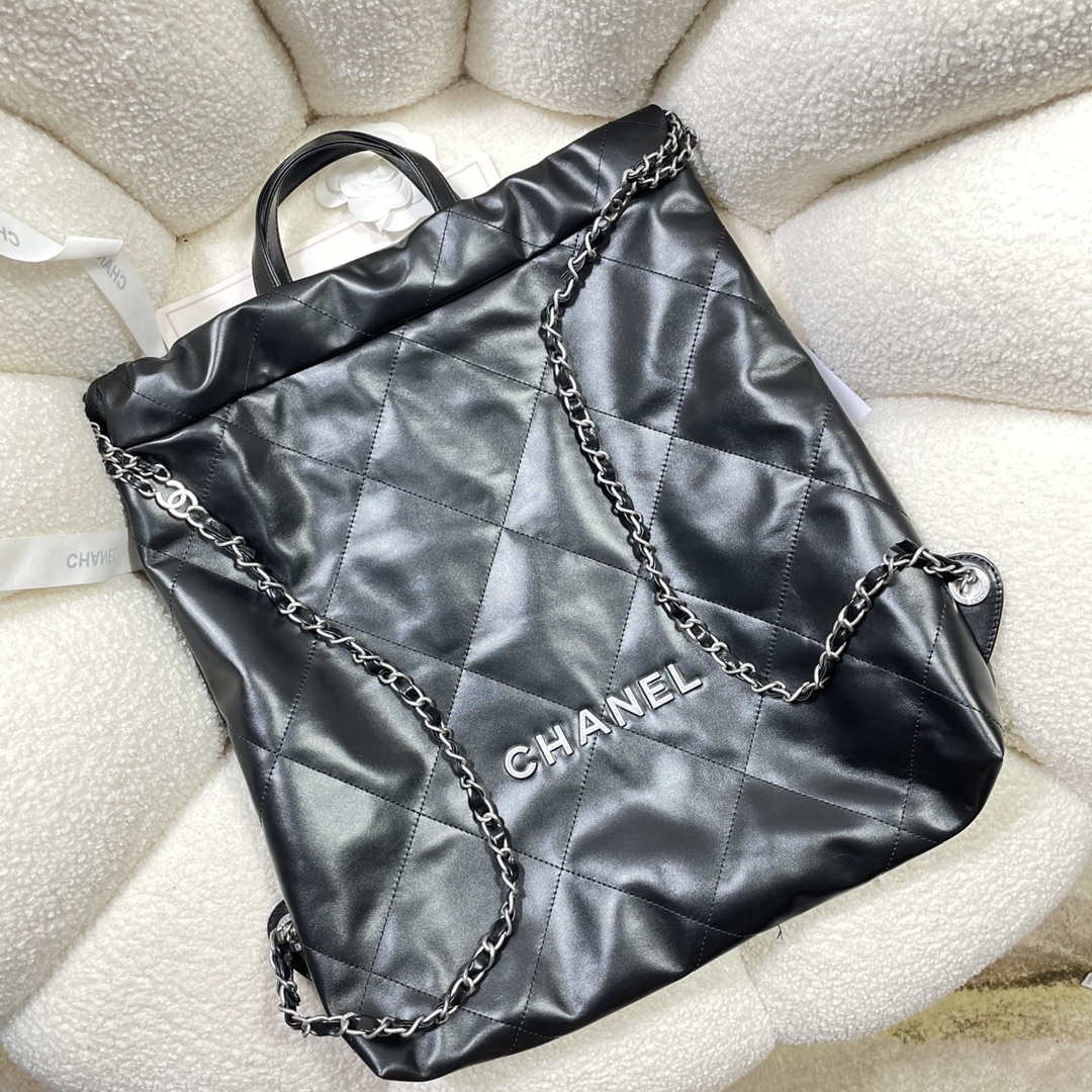 Chanel 22 Backpack Shiny Calfskin AS3313 Black With Sliver Logo - Default Title - View 4