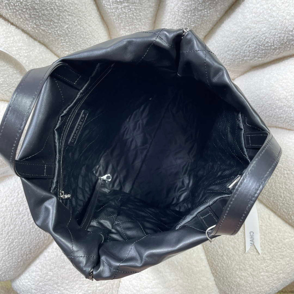 Chanel 22 Backpack Shiny Calfskin AS3313 Black With Sliver Logo