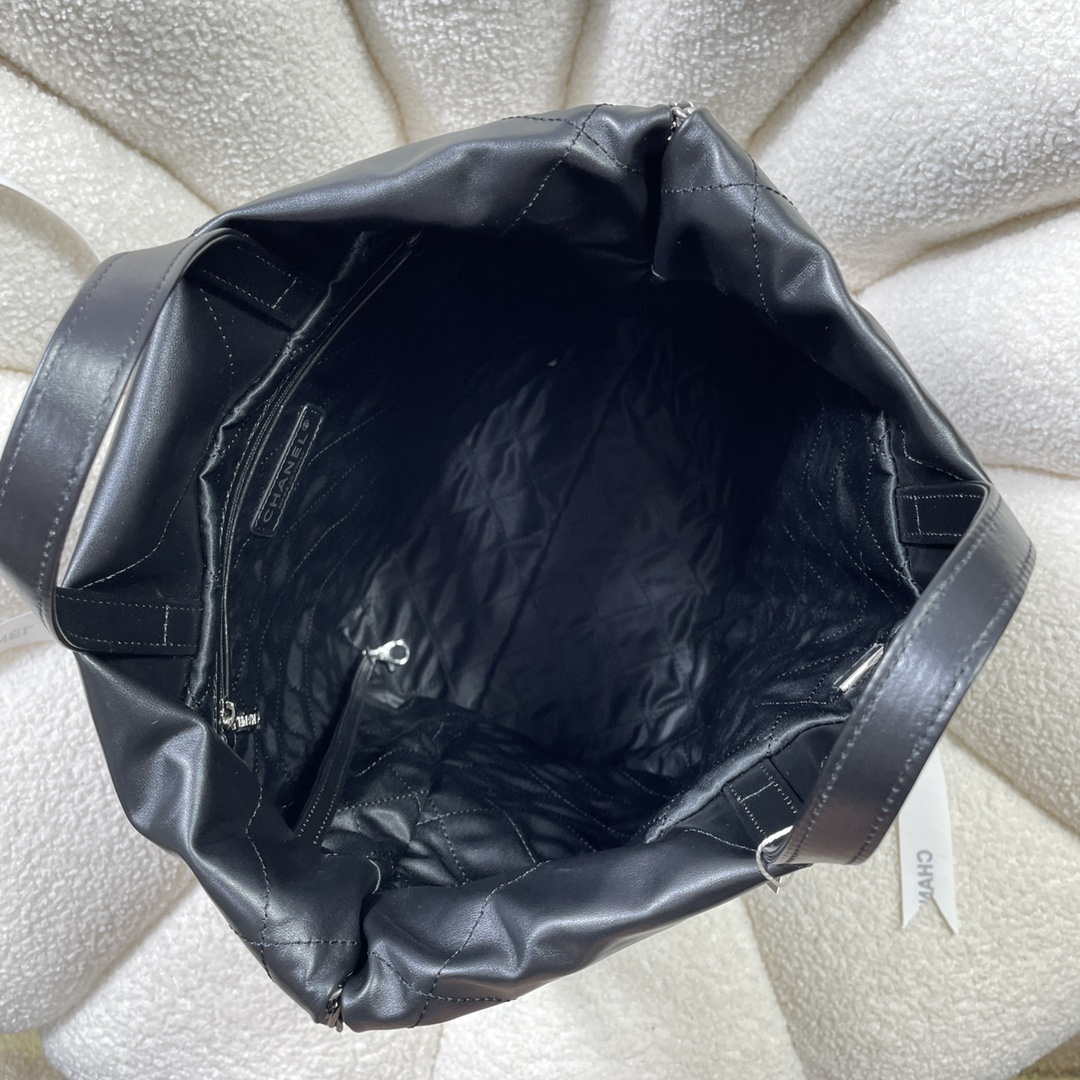 Chanel 22 Backpack Shiny Calfskin AS3313 Black With Sliver Logo