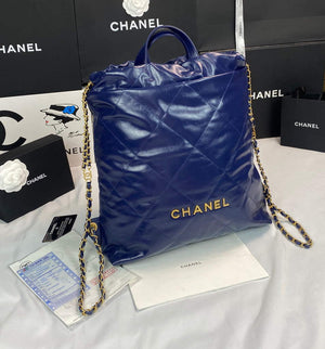 Chanel 22 Backpack Shiny Calfskin AS3313 Blue Gold - Default Title - View 1