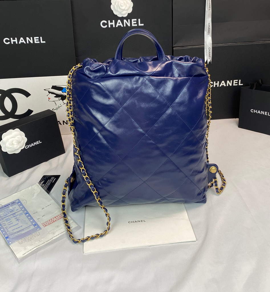 Chanel 22 Backpack Shiny Calfskin AS3313 Blue Gold