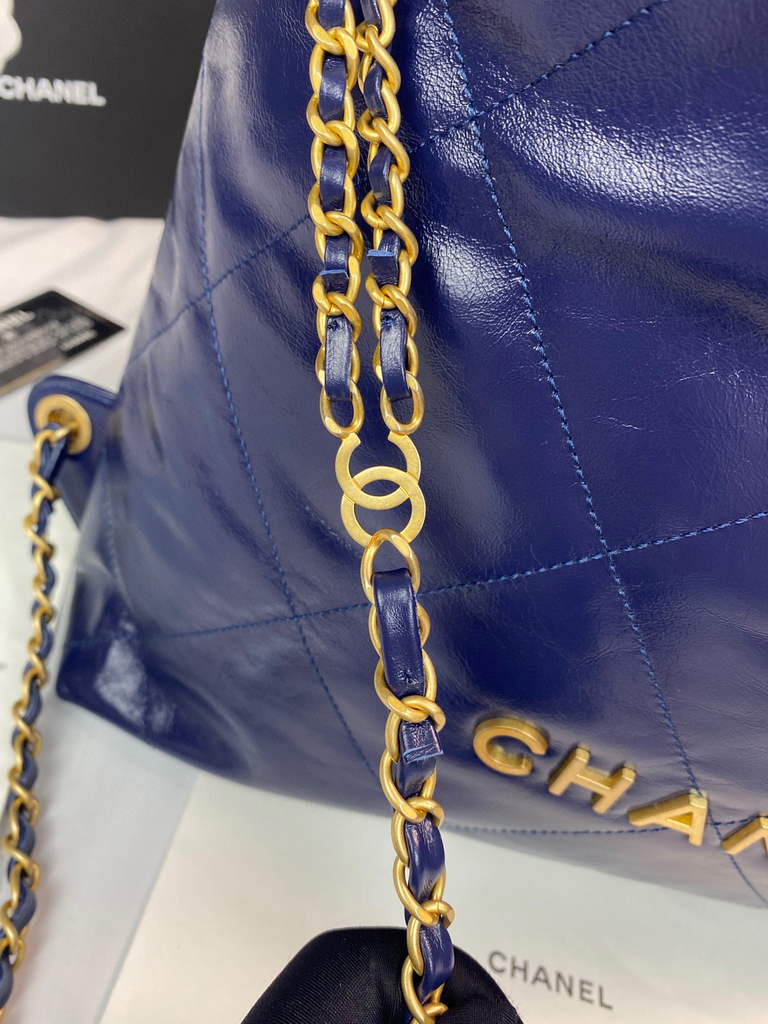 Chanel 22 Backpack Shiny Calfskin AS3313 Blue Gold - Default Title - View 3