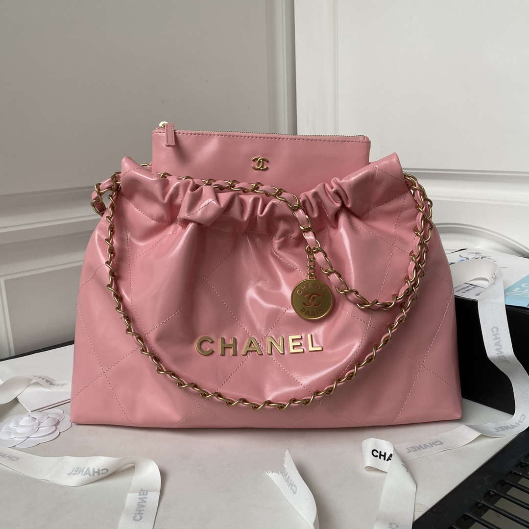 Chanel 22 Bag AS4486 Handbag Shiny Calfskin Pink With Gold - Default Title - View 1