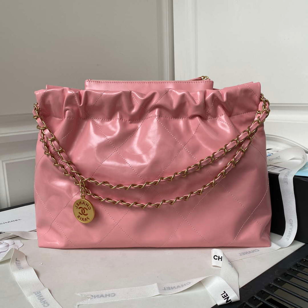 Chanel 22 Bag AS4486 Handbag Shiny Calfskin Pink With Gold