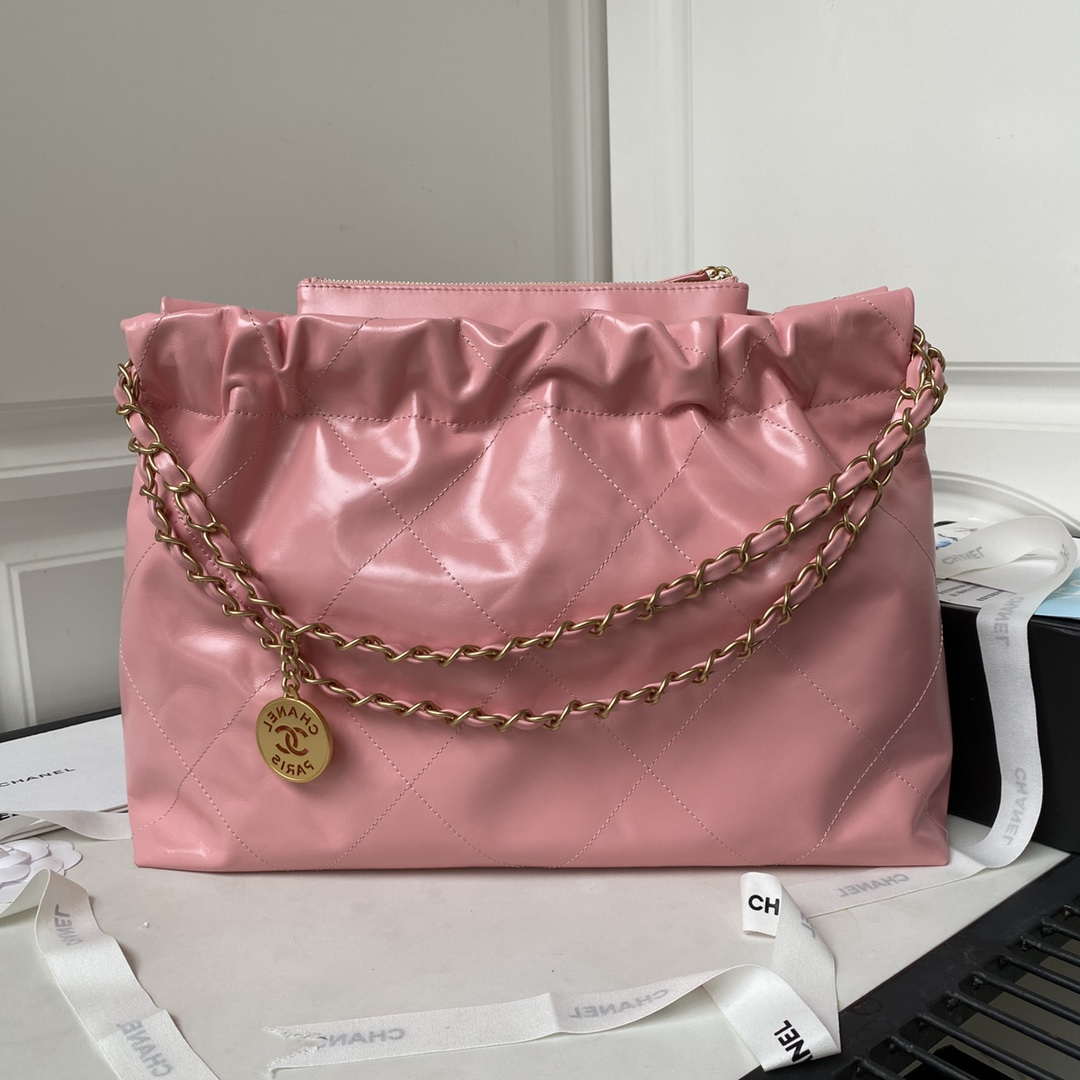 Chanel 22 Bag AS4486 Handbag Shiny Calfskin Pink With Gold - Default Title - View 2