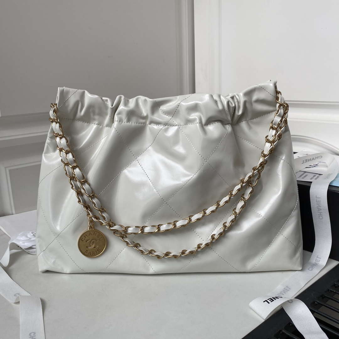 Chanel 22 Bag AS4486 Handbag Shiny Calfskin White With Gold - Default Title - View 2