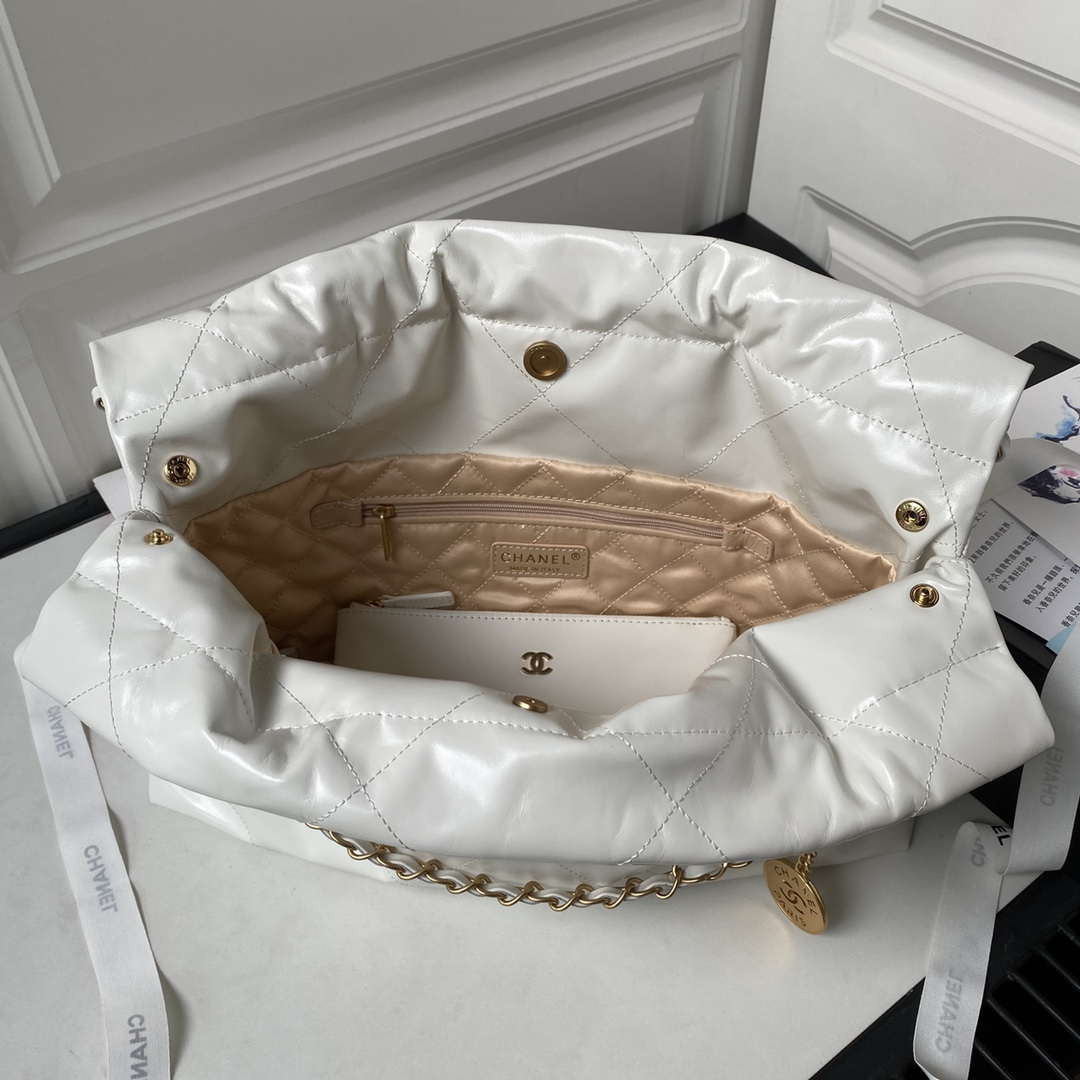 Chanel 22 Bag AS4486 Handbag Shiny Calfskin White With Gold