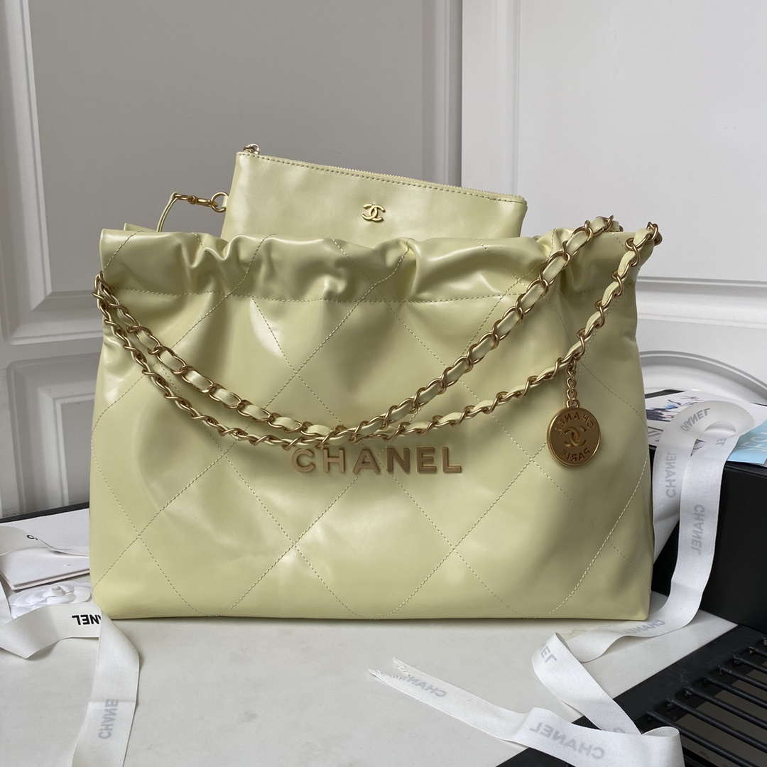 Chanel 22 Bag AS4486 Handbag Shiny Calfskin Yellow With Gold - Default Title - View 1