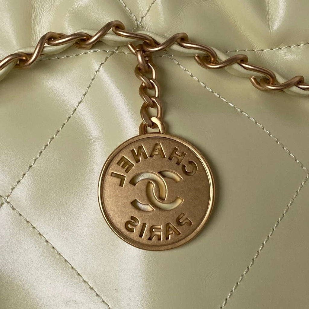 Chanel 22 Bag AS4486 Handbag Shiny Calfskin Yellow With Gold