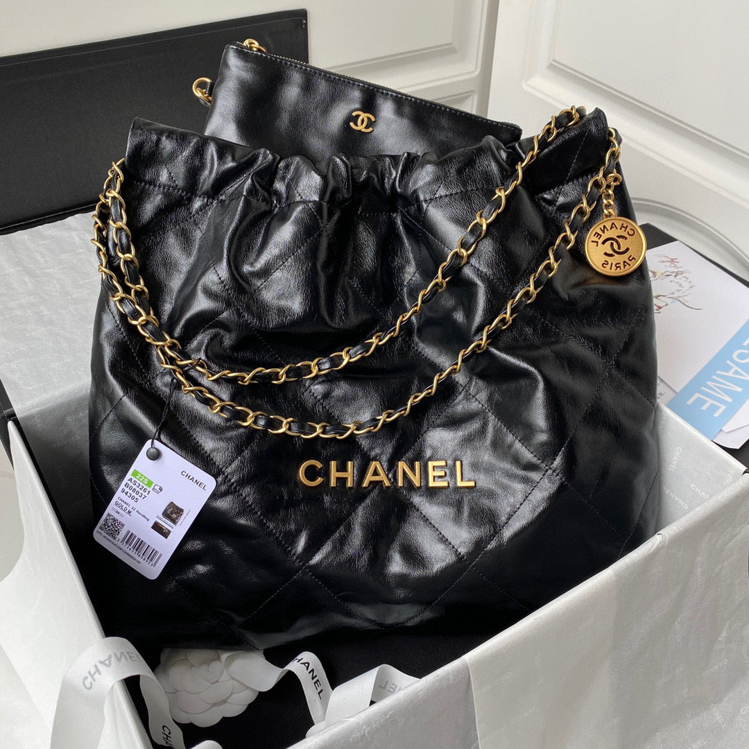 Chanel 22 Handbag AS3261 Shiny Calfskin Gold-Tone Metal Black Logo Gold - Default Title - View 1
