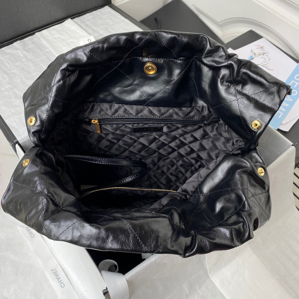 Chanel 22 Handbag AS3261 Shiny Calfskin Gold-Tone Metal Black Logo Gold