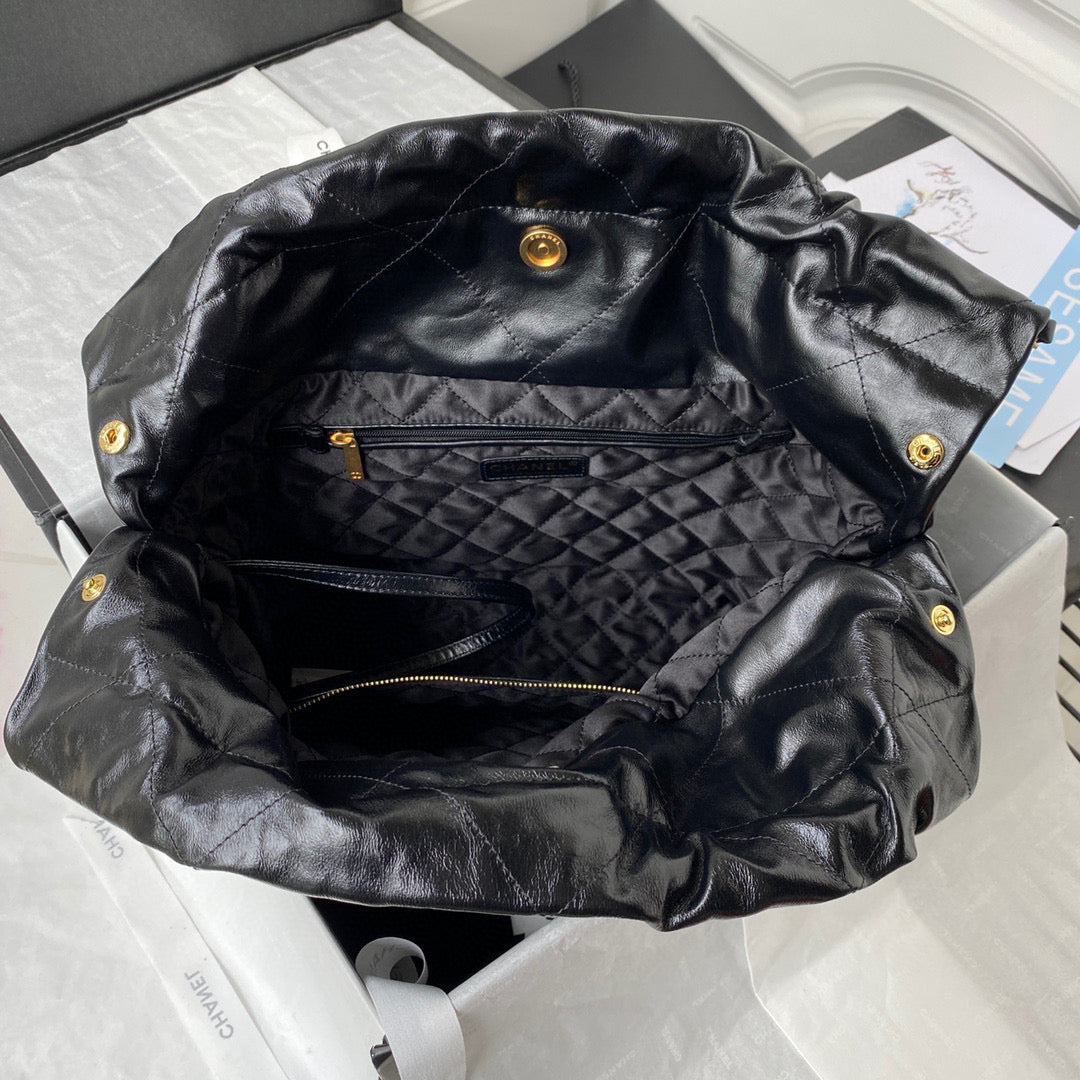Chanel 22 Handbag AS3261 Shiny Calfskin Gold-Tone Metal Black Logo Gold