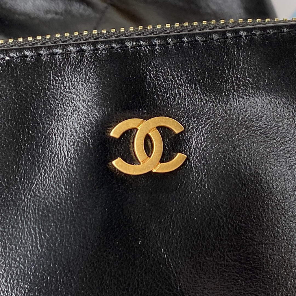 Chanel 22 Handbag AS3261 Shiny Calfskin Gold-Tone Metal Black Logo Gold