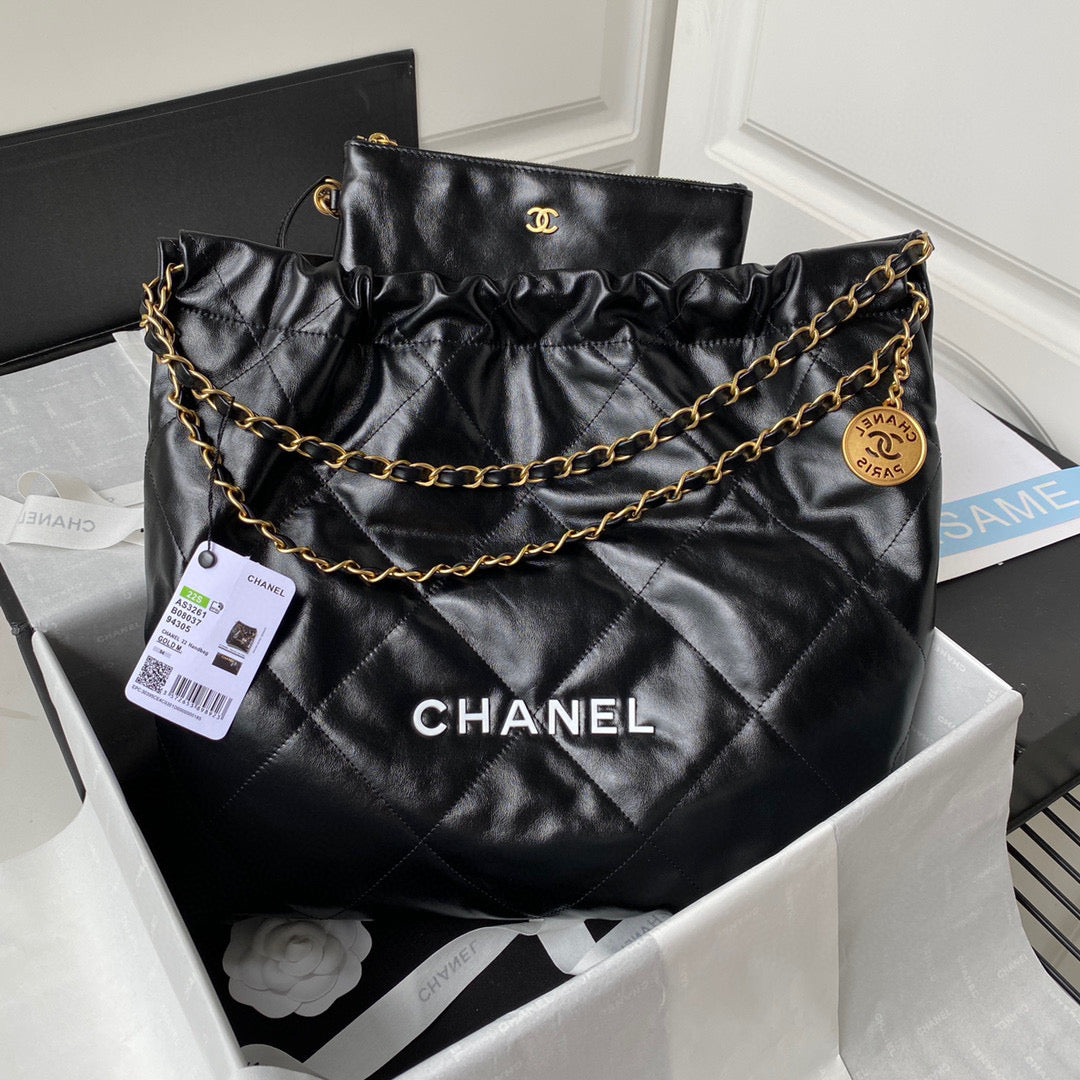 Chanel 22 Handbag AS3261 Shiny Calfskin Gold-Tone Metal Black Logo White - Default Title - View 1