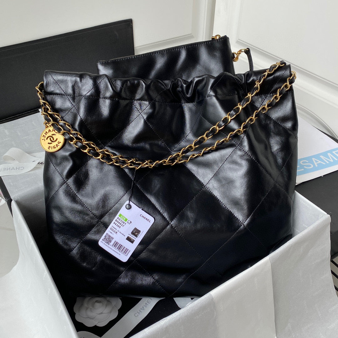 Chanel 22 Handbag AS3261 Shiny Calfskin Gold-Tone Metal Black Logo White - Default Title - View 2