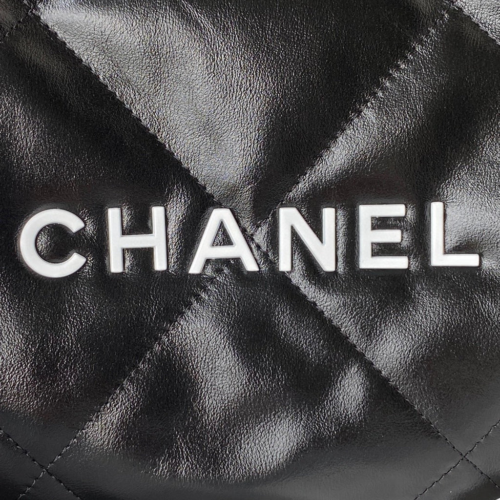 Chanel 22 Handbag AS3261 Shiny Calfskin Gold-Tone Metal Black Logo White