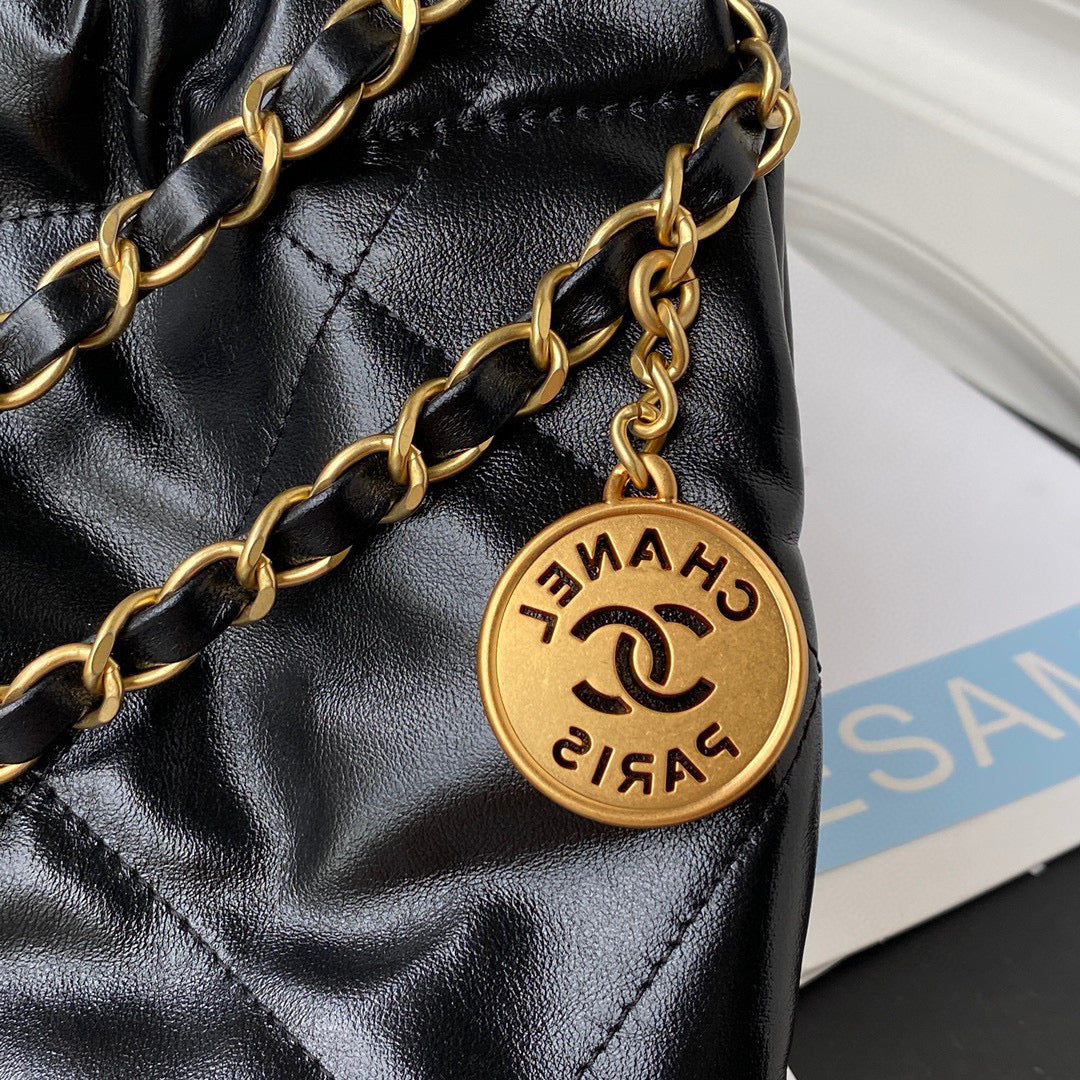Chanel 22 Handbag AS3261 Shiny Calfskin Gold-Tone Metal Black Logo White - Default Title - View 4