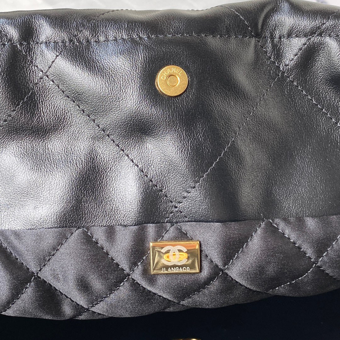 Chanel 22 Handbag AS3261 Shiny Calfskin Gold-Tone Metal Black Logo White