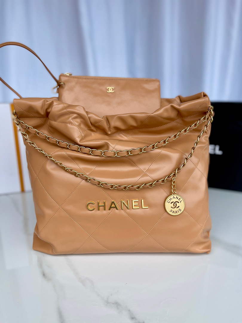 Chanel 22 Handbag AS3261 Shiny Calfskin Gold-Tone Metal Camel - Default Title - View 3
