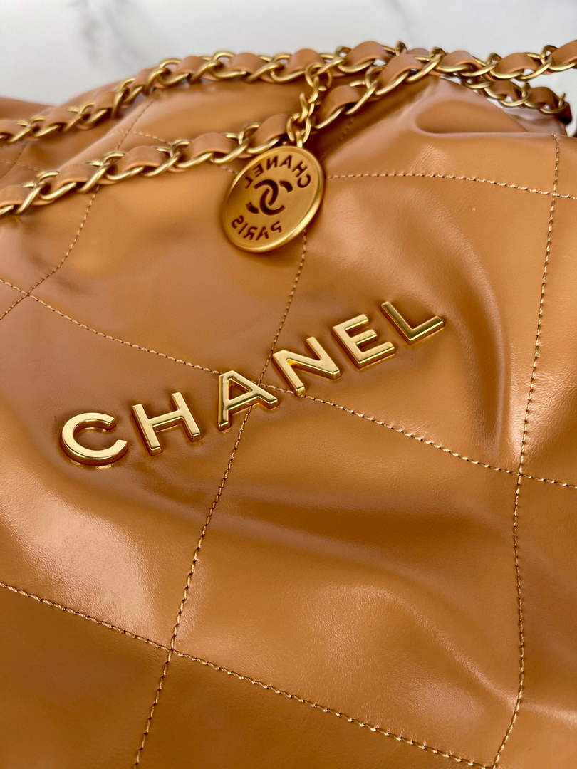 Chanel 22 Handbag AS3261 Shiny Calfskin Gold-Tone Metal Camel - Default Title - View 6