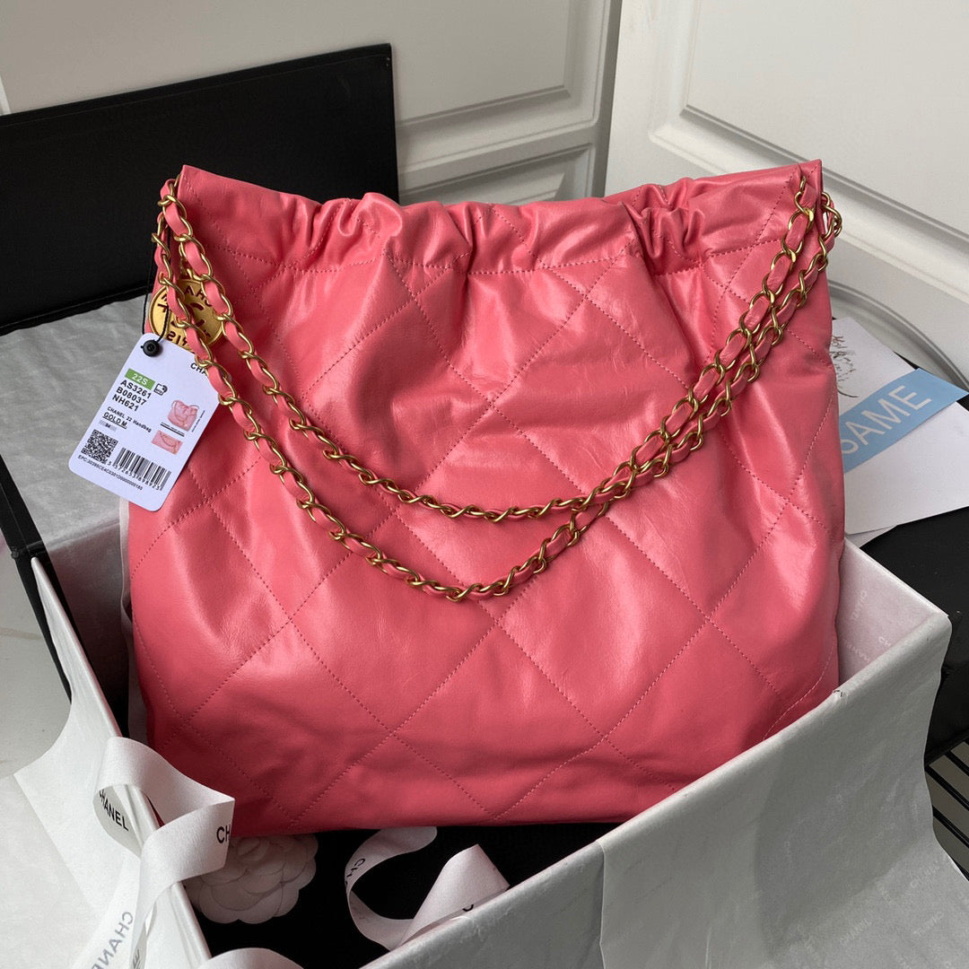 Chanel 22 Handbag AS3261 Shiny Calfskin Gold-Tone Metal Coral Pink - Default Title - View 2