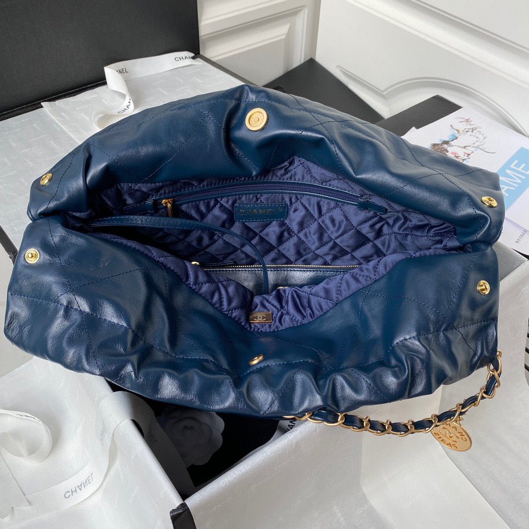 Chanel 22 Handbag AS3261 Shiny Calfskin Gold-Tone Metal Navy Blue - Default Title - View 6