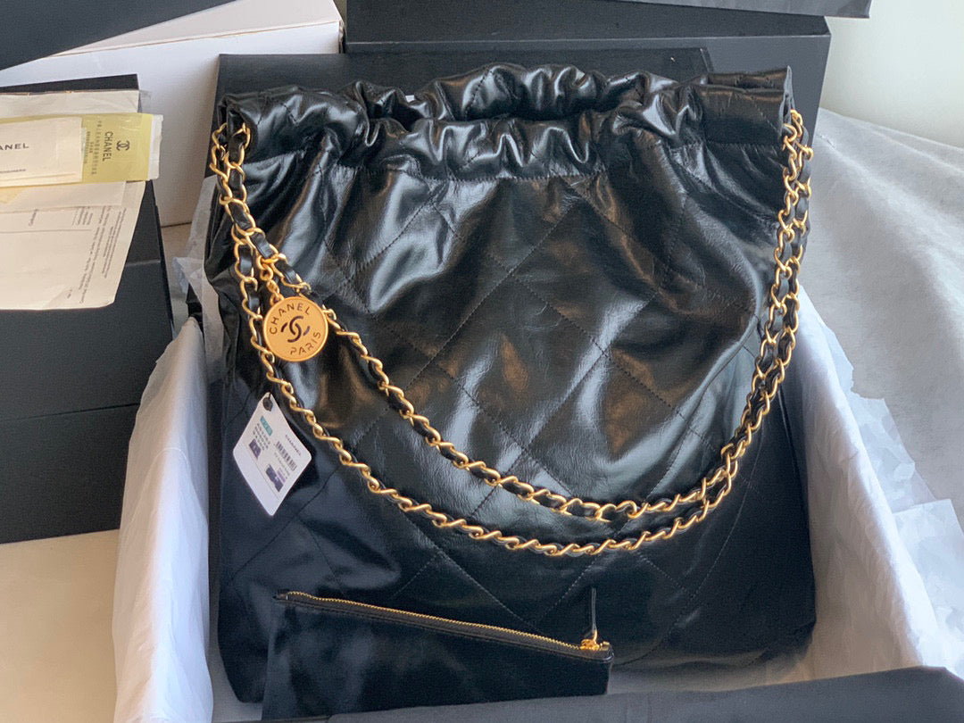 Chanel 22 Large Handbag Shiny Calfskin Gold-Tone Meta AS3262 Black - Default Title - View 5