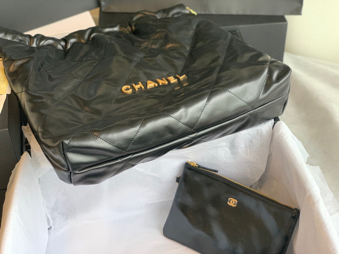 Chanel 22 Large Handbag Shiny Calfskin Gold-Tone Meta AS3262 Black - Default Title - View 6