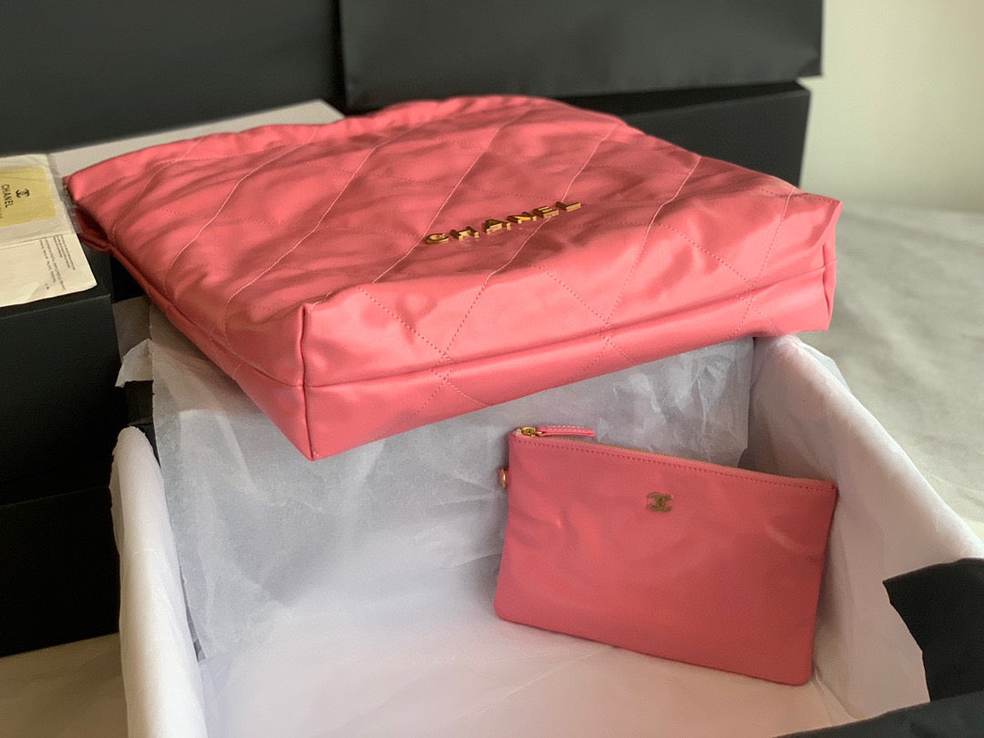 Chanel 22 Large Handbag Shiny Calfskin Gold-Tone Metal AS3262 Coral Pink - Default Title - View 6
