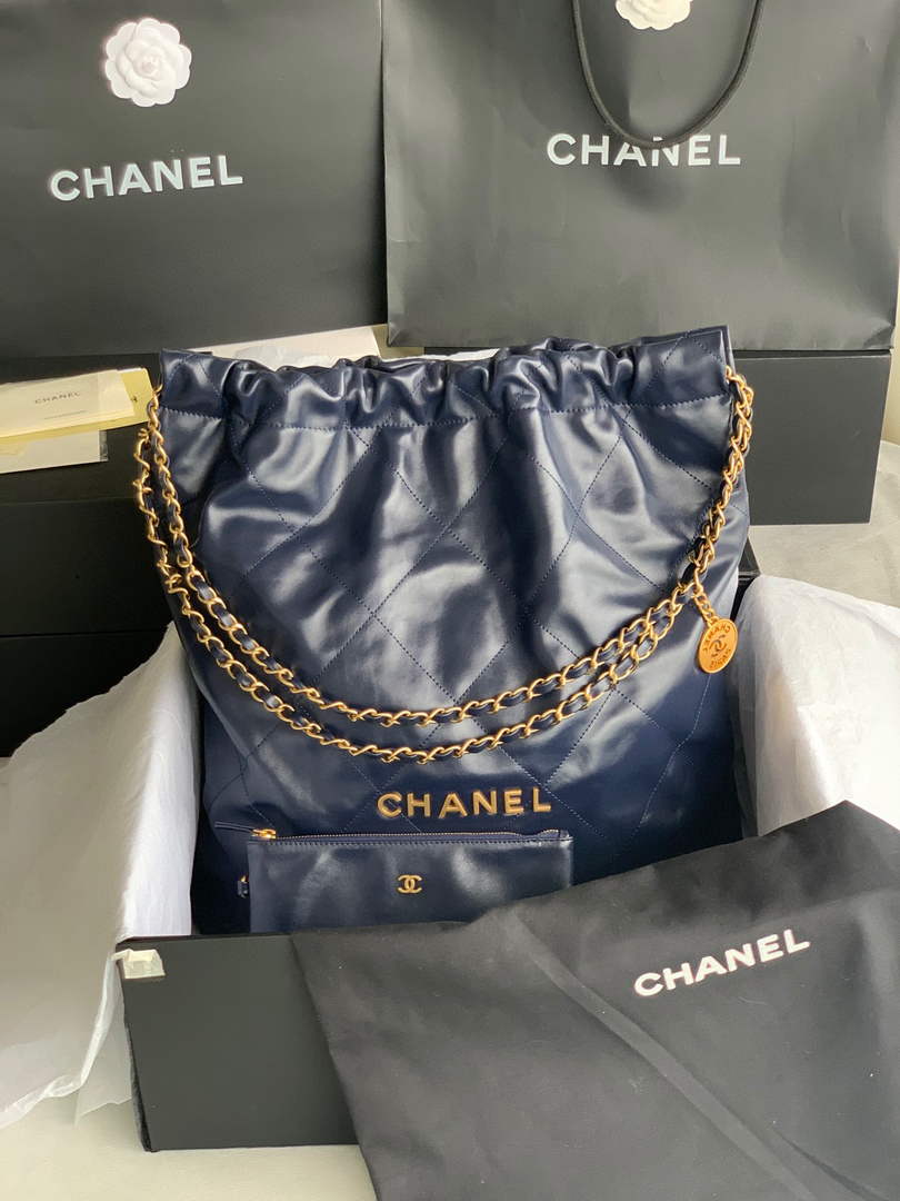 Chanel 22 Large Handbag Shiny Calfskin Gold-Tone Metal AS3262 Navy Blue - Default Title - View 1