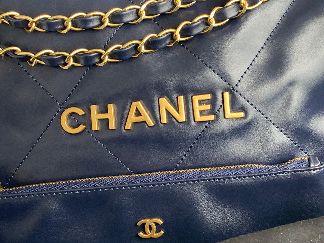 Chanel 22 Large Handbag Shiny Calfskin Gold-Tone Metal AS3262 Navy Blue