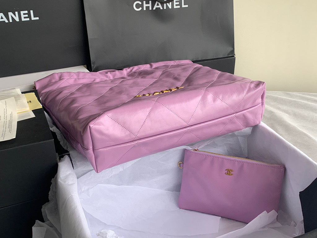 Chanel 22 Large Handbag Shiny Calfskin Gold-Tone Metal AS3262 Purple
