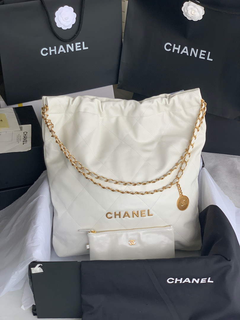 Chanel 22 Large Handbag Shiny Calfskin Gold-Tone Metal AS3262 White - Default Title - View 1
