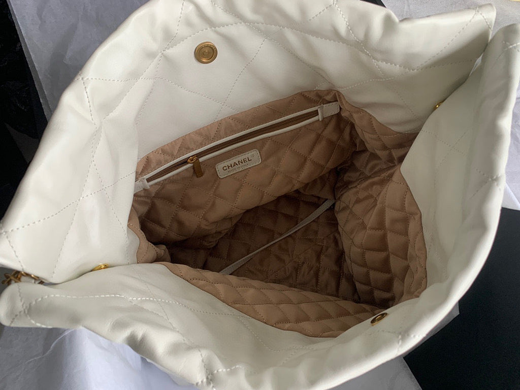 Chanel 22 Large Handbag Shiny Calfskin Gold-Tone Metal AS3262 White