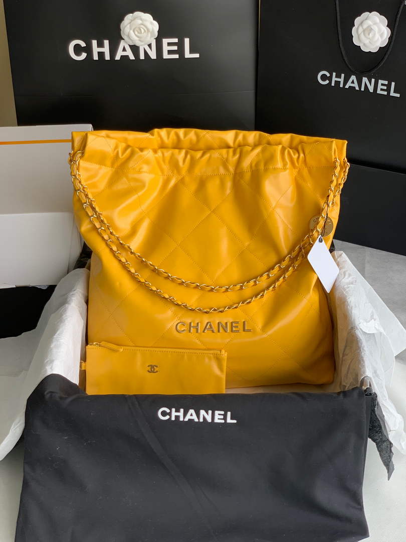 Chanel 22 Large Handbag Shiny Calfskin Gold-Tone Metal AS3262 Yellow - Default Title - View 1