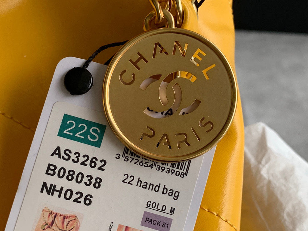 Chanel 22 Large Handbag Shiny Calfskin Gold-Tone Metal AS3262 Yellow