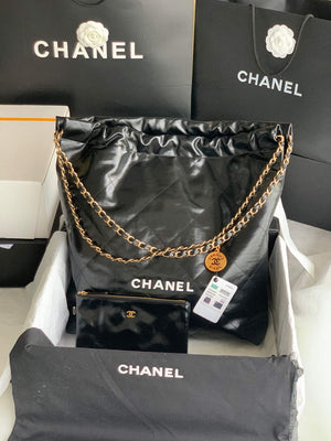Chanel 22 Large Handbag Shiny Calfskin Lacquered Metal AS3262 Black Logo White - Default Title - View 1