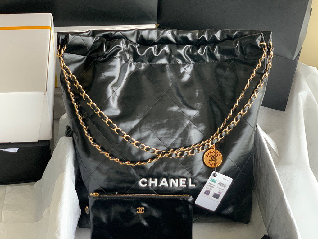 Chanel 22 Large Handbag Shiny Calfskin Lacquered Metal AS3262 Black Logo White