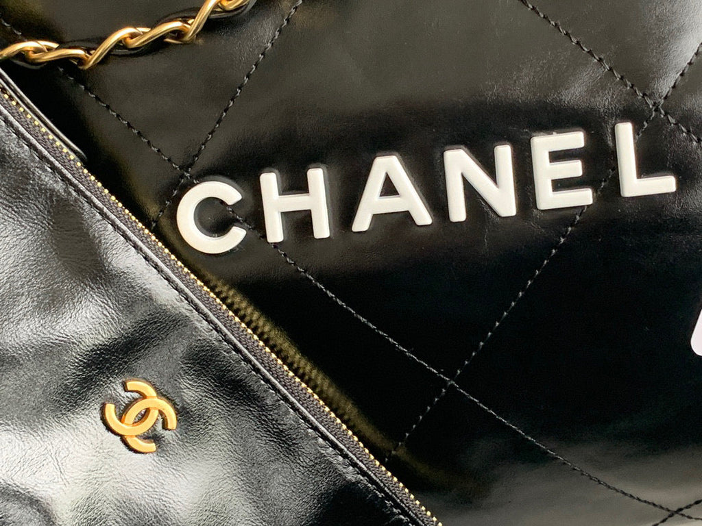 Chanel 22 Large Handbag Shiny Calfskin Lacquered Metal AS3262 Black Logo White