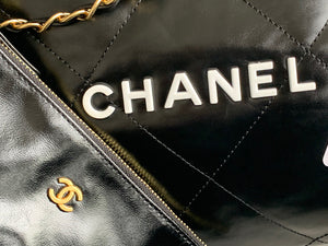 Chanel 22 Large Handbag Shiny Calfskin Lacquered Metal AS3262 Black Logo White - Default Title - View 3