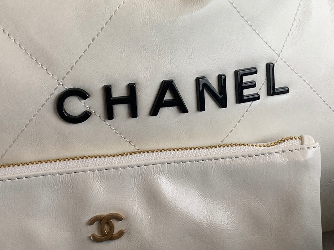 Chanel 22 Large Handbag Shiny Calfskin Lacquered Metal AS3262 White Logo Black - Default Title - View 3
